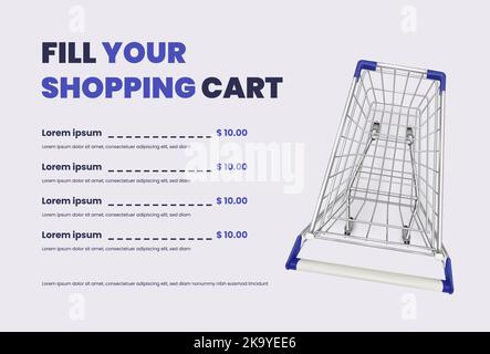 Product list cart. Realistic supermarket trolley top view, online shop mobile app or computer, shopping cart-up add grocery rate capacity basket internet store, vector mockup of supermarket trolley Stock Vector