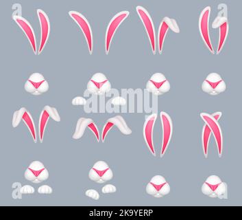 Rabbit muzzles. Funny bunny face filter mask costume combination, fluffy rabbits ears with paw and whiskers, cute whit easter hare happy animal head, vector illustration of rabbit bunny muzzle Stock Vector