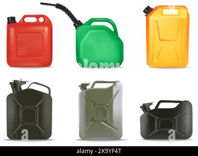 3d fuel cans. Oil jerrycan gasoline plastic canister ethanol tank liquid gas tank petrol gallon diesel red can container flammable automobile fuelin bottle vector illustration of container to fuel Stock Vector