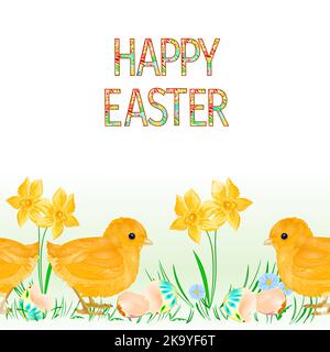 Happy easter border seamless background chicks with easter eggs and daffodil vector Illustration for use in interior design, artwork, dishes, clothing Stock Vector