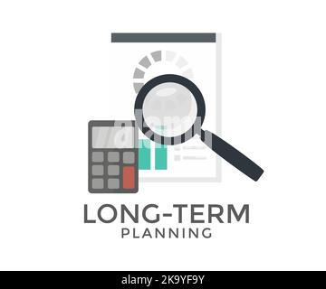 Long term planning form logo design. Business and finance concept, Magnifying glass instrument, Tax audit accounting vector design and illustration. Stock Vector