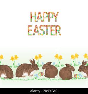 Happy easter border seamless background easter rabbits with easter eggs and daffodil vector Illustration for use in interior design, artwork, dishes, Stock Vector