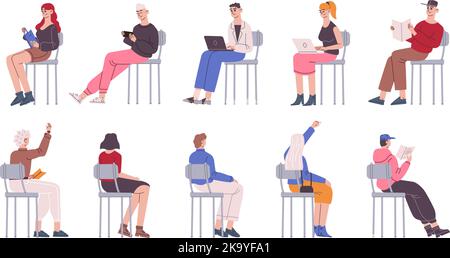 Sitting pupils on chair. Diverse students sit in seat front, back and side views, teen people study at university lecture or college lesson classroom, vector illustration of student sit on chair Stock Vector