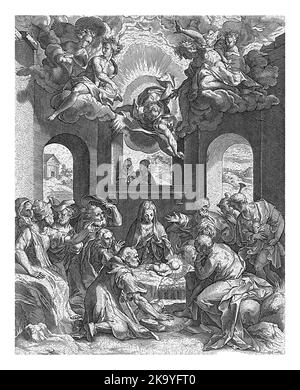 Adoration of the Shepherds, Cornelis Cort, after Taddeo Zuccaro, after 1567 - before 1612 In a room with arched entrances, Mary is seated, in the cent Stock Photo