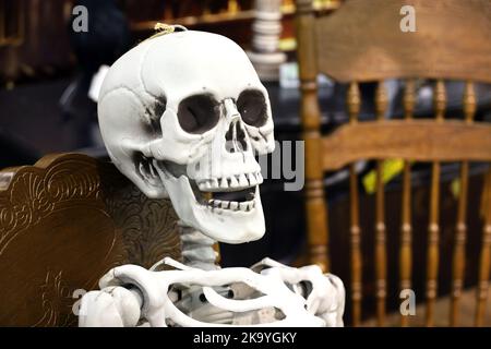 Halloween decorations, scary background. Skeleton sitting on wooden chair Stock Photo