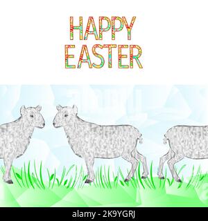 Happy easter border seamless background lamb and grass polygons vector Illustration for use in interior design, artwork, dishes, clothing, packaging, Stock Vector