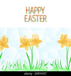 Happy easter border seamless background daffodil with grass polygons vector Illustration for use in interior design, artwork, dishes, clothing, packag Stock Vector