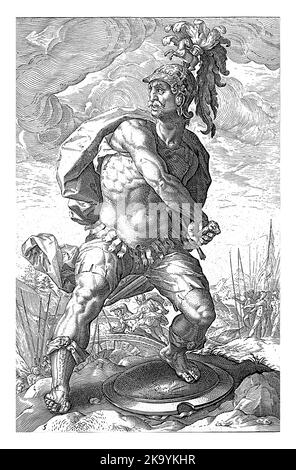 The hero Titus Manlius Torquatus full-length as he unsheathed his sword. In the background you can see how he defeats a Gaul on a bridge. Stock Photo