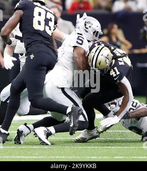 Las Vegas Raiders linebacker Divine Deablo (5) breaks up a pass intended  for Indianapolis Colts wide receiver Ashton Dulin (16) during the first  half of an NFL football game, Sunday, Jan. 2