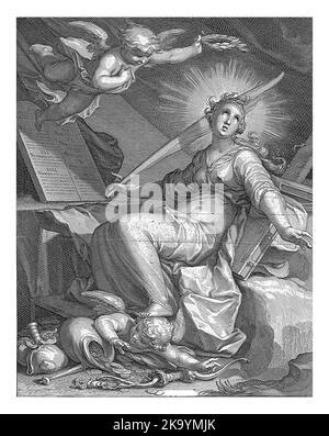 A woman as a personification of piety sits at two stone tablets with the ten commandments on them. A halo can be seen around her head and she is holdi Stock Photo