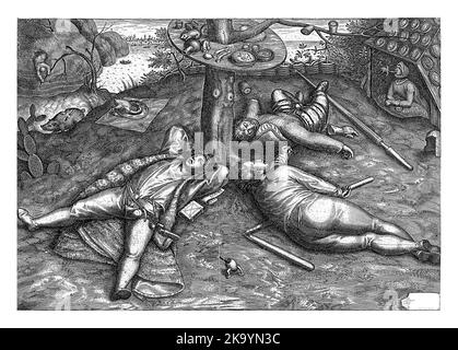 Luilekkerland, Pieter van der Heyden (attributed to), after Pieter Bruegel (I), 1567 - 1600 A clerk, a farmer and a soldier are sleeping on the floor Stock Photo