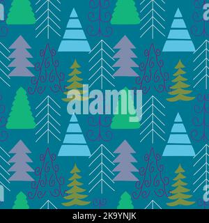 Fir trees seamless pattern in blue and green colours. Christmas and New Year background. Stock Vector
