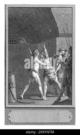 Lamekis in prison, Emmanuel Jean Nepomucene de Ghendt, after Clement Pierre Marillier, 1786, vintage engraved. Stock Photo