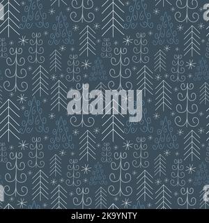 Hand drawn winter forest seamless pattern. New Year, Christmas, dark background with fir trees. Stock Vector