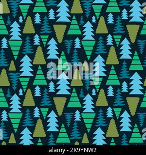 Hand drawn Christmas tree seamless pattern. Bright blue and green colours. Stock Vector