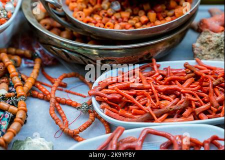 View of pieces of dried red coral, close-up photo. Stock Photo