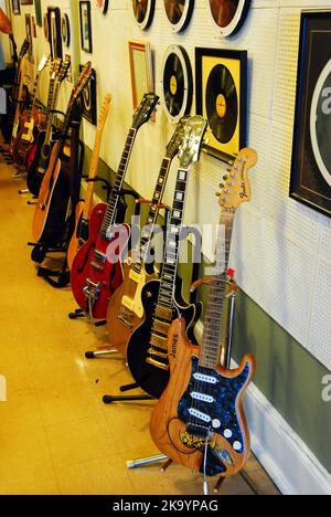 Electric guitars stand at the ready for recording in Sun Studios Memphis, Where Elvis Presley First Recorded his songs and music Stock Photo
