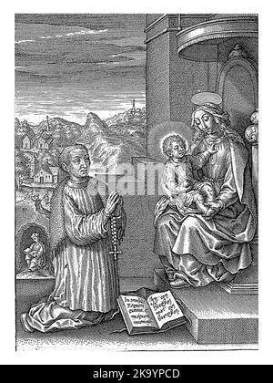 Thomas a Kempis kneeling before Mary with the Christ child, Hieronymus Wierix, 1563 - before 1619 Thomas a Kempis kneeling in adoration before Mary an Stock Photo