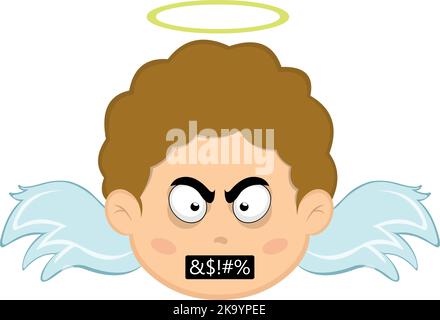 Vector illustration of a child angel cartoon with an angry expression and a censored insult text in the mouth Stock Vector