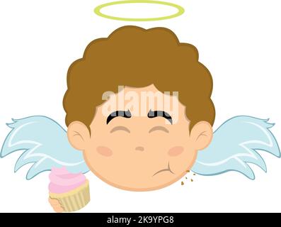 Vector illustration of the face of a cartoon angel boy eating a cupcake or muffin Stock Vector