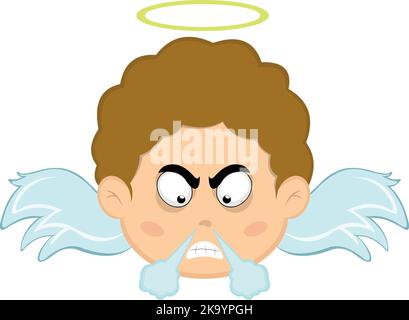 Vector illustration of the face of a cartoon angel boy with an angry expression and fuming Stock Vector