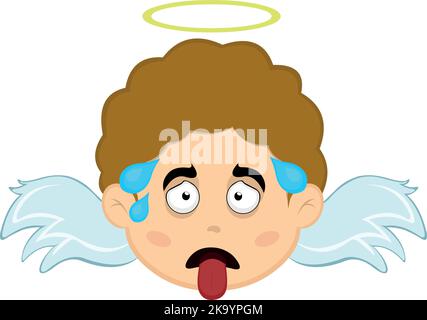 Vector illustration of the face of an exhausted cartoon angel, with his tongue out and drops of sweat on his head Stock Vector