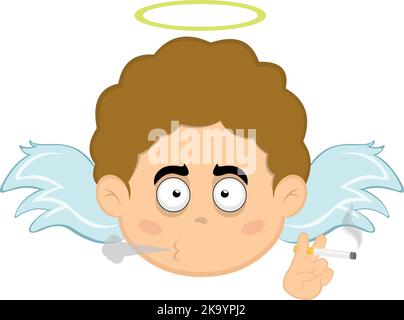 Vector illustration of the face of a cartoon angel smoking with a cigarette in his hand Stock Vector
