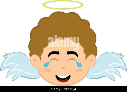 Vector illustration of the face of a cartoon angel boy with tears of joy and laughter Stock Vector