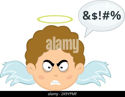 Vector illustration of the face of a child angel cartoon with an angry expression and a bubble of dialogue with an insult text Stock Vector