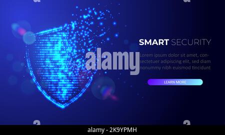 Digital shield formed from points of light. Blue glowing particle shield. Protect security and safety. Antivirus cyber protection concept. Stock Vector