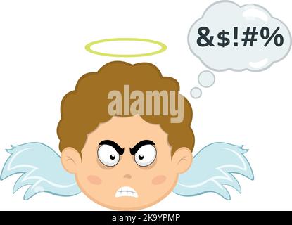 Vector illustration of the face of a cartoon angel boy with an angry expression and a thought cloud with an insult text Stock Vector