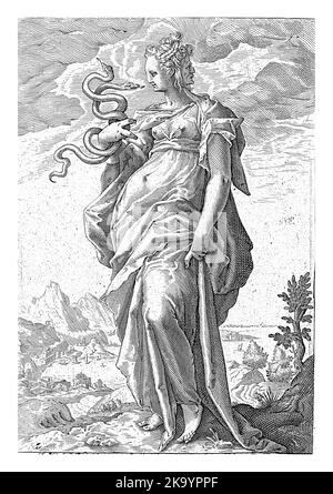 The Prudence personified; a female figure with two snakes in her hand ...