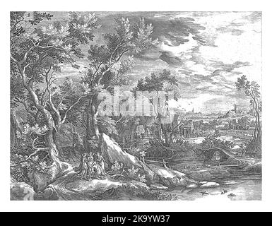 Water-rich landscape with houses and a church in the distance. In the foreground, Abraham kneels before the three angels to beg them to spare Sodom. T Stock Photo