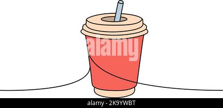 Coffee cardboard cup one line colored continuous drawing. Empty cardboard boxes, bags for takeaway food continuous one line colorful illustration. Stock Vector