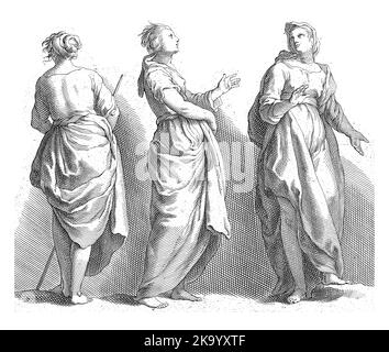 Three dressed women: seen from the back, side view and front view. Copy after a representation from the drawing book of Abraham Bloemaert, in the edit Stock Photo