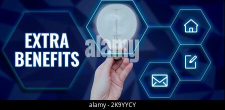 Conceptual caption Extra Benefits. Business showcase Conclusion Last Analysis Recommendations Finale of idea Woman Holding Light Bulb With Digital Stock Photo