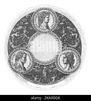 Medallion with Latin text in a wide border with grotesques on a dark background. In this border are three medallions with images of Roman emperors. Sh Stock Photo