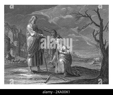 Elijah meets Zarephath's widow and her son, who are gathering wood outside the city gate. To the Bible text in 1 Kings. 17:10 Stock Photo