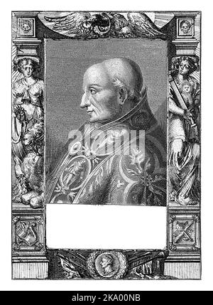 Print printed from two plates. Portrait bust of Pope Adrian VI wearing a richly decorated cloak. Below the performance a verse of eight lines in Dutch Stock Photo