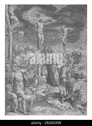 Christ on the cross between the two crucified criminals. Around the cross many different figures Stock Photo