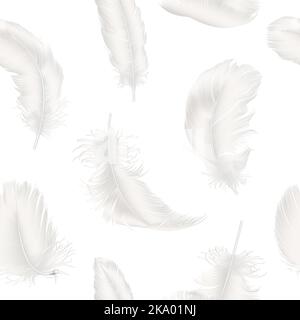 Vector Seamless Pattern with 3d Realistic Falling White Fluffy Feather Closeup on White Background. Design Template, Angel, Bird Detailed Feathers Stock Vector