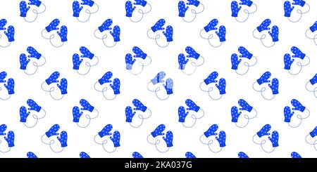 Pairs of knitted mittens with snowflakes seamless pattern. Cozy woolen gloves background. Winter, Christmas or New Year design for scrapbooking or wrapping paper. Vector flat illustration Stock Vector