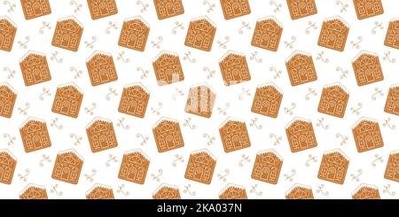 Icing gingerbread houses background. Ornamented biscuit cookies seamless pattern. Winter, Christmas or New Year scrapbooking or wrapping paper or fabric design. Vector flat illustration Stock Vector
