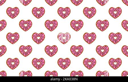 Heart shaped donuts background seamless pattern. Sweet doughnuts for Valentines day seamless pattern. Scrapbooking or wrapping paper, napkin or tablecloth fabric design. Vector cartoon illustration Stock Vector