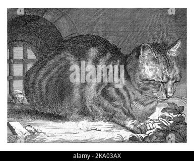 The Large Cat, anonymous, after Cornelis Visscher (II), 1679 - 1702 A crouched cat sits in front of a barred window. Behind the cat is a mouse. Stock Photo