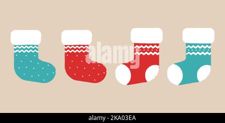 Set of fluffy Christmas stockings. Vector Christmas gift socks. Flat vector Illustration. Stock Vector