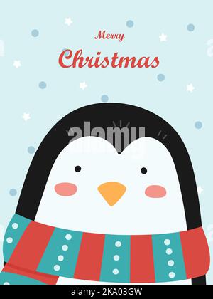 Illustration of a cute penguin in a striped scarf. Vector Christmas card. Stock Vector