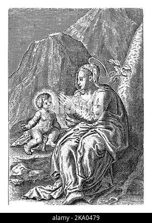 Adoration of Mary, Charles of Mallery, 1581 - c. 1645 In a rocky landscape Mary sits in adoration for the Christ Child sitting next to her. Below the Stock Photo