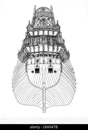 AJAXNETPHOTO. 1976. STOCKHOLM, SWEDEN. - ANCIENT WARSHIP - ILLUSTRATION BY NILS STODBERG OF THE STERN OF THE 1628 SWEDISH FLAGSHIP WASA (REGALSKEPPET VASA), WHICH SANK OUTSIDE STOCKHOLM THE SAME YEAR AND WAS RECOVERED FROM THE ICY WATERS OF THE CITY HARBOUR IN 1961.   PHOTO:MARITIME MUSEUM AND THE WARSHIP WASA/AJAX REF:340 221806 41 Stock Photo