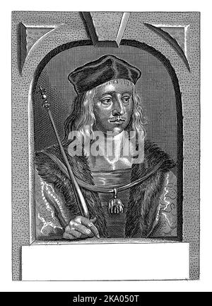 Portrait of Maximilian I of Habsburg, Roman-German Emperor. He wears a ribbon with the Order of the Golden Fleece. In the frame below his portrait a t Stock Photo